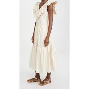 English Factory Midi Dress XS Beige Ruffle Neck Sleeveless Cottagecore Girly NWT